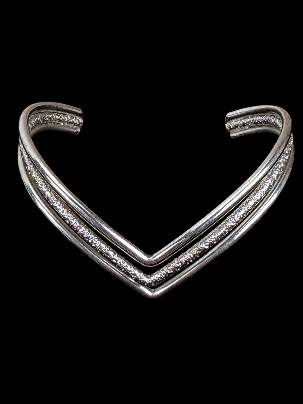 Vintage Silvertone Double V Open Cuff Bracelet Textured Statement Jewelry
